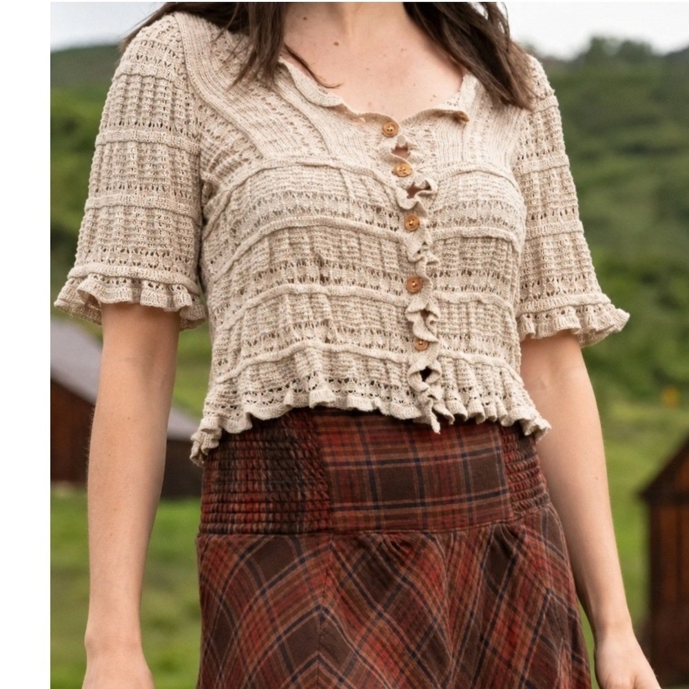 Natural Life Cardigan S Cottagecore Ruffle Pointelle Knit Cropped Peasant Hippie